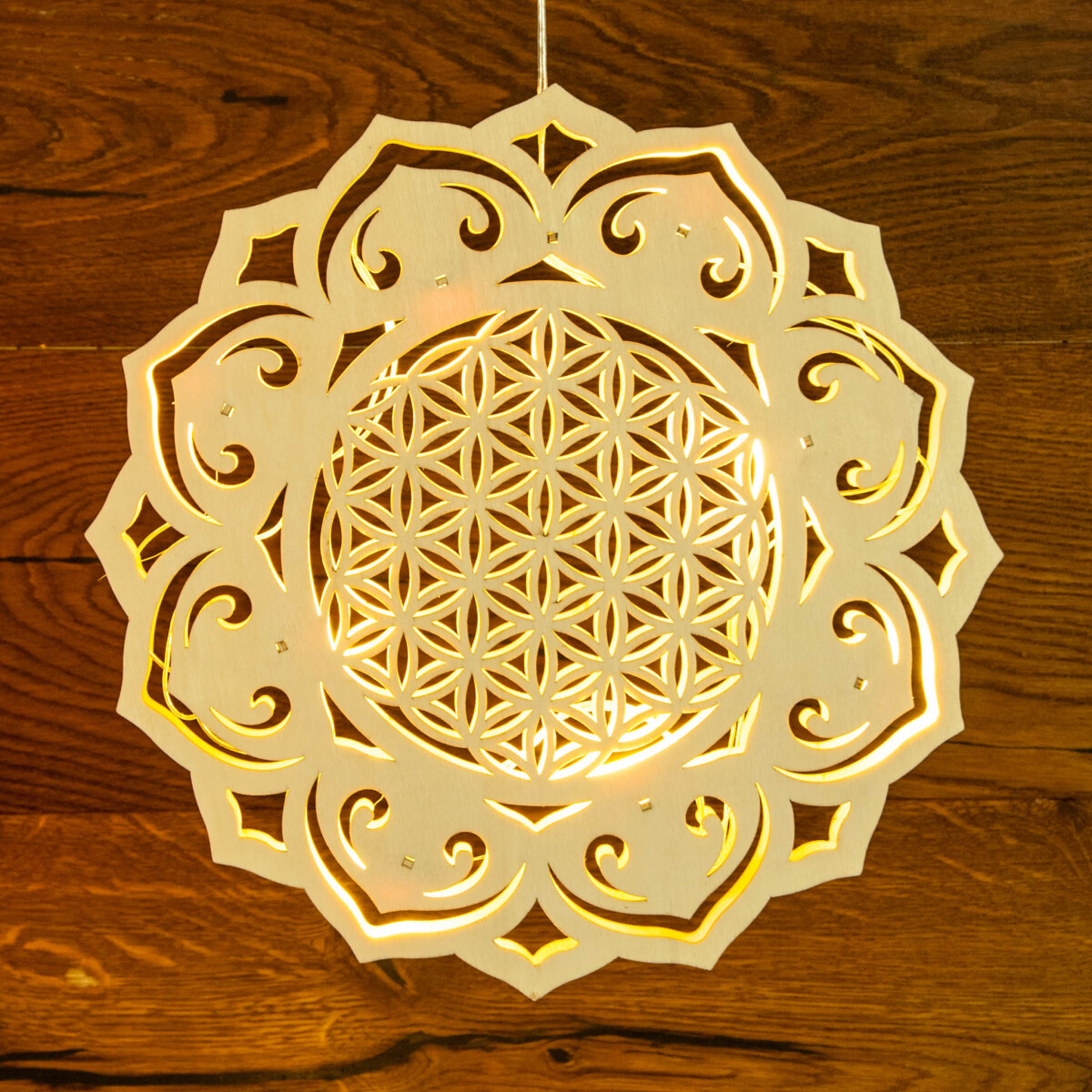 Lichtobjekt Blume des Lebens aus Holz mit LED...