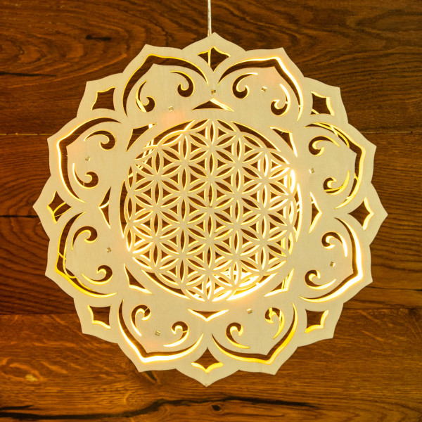 Lichtobjekt Blume des Lebens aus Holz mit LED Ø 30 cm