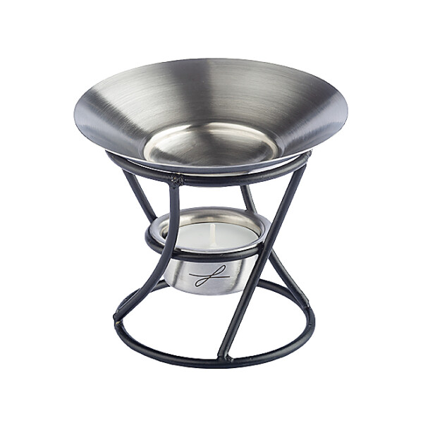Duftlampe aus Metall, schwarz lackiert, Schale aus rostfreiem Edelstahl