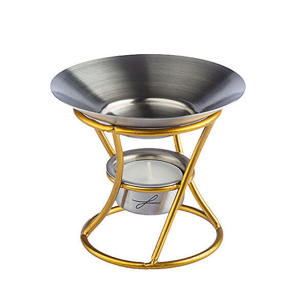 Duftlampe aus Metall, goldfarben lackiert, Schale aus rostfreiem Edelstahl
