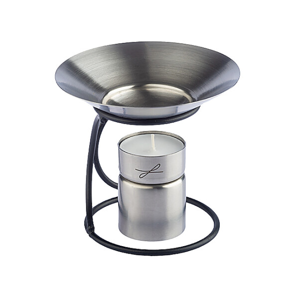 Duftlampe aus Metall, schwarz lackiert, Schale aus rostfreiem Edelstahl