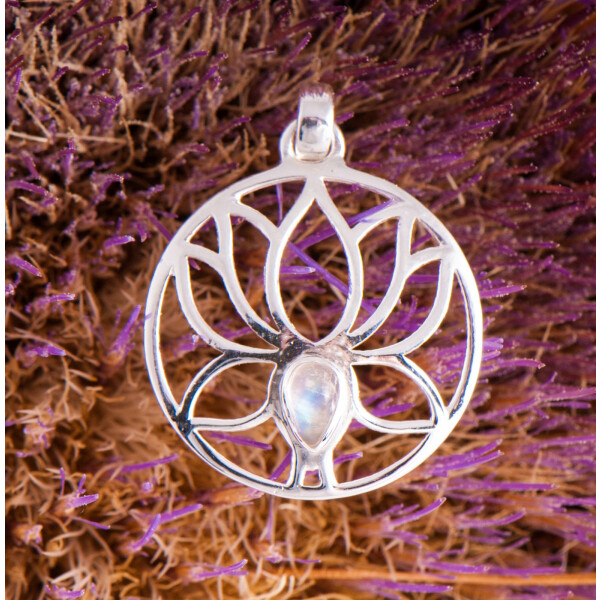 Lotus Anhänger 925 Sterling Silber mit Regenbogen Mondstein, ø 20 mm