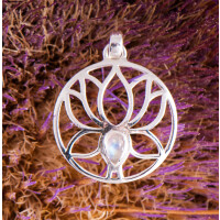 Lotus Anhänger 925 Sterling Silber mit Regenbogen Mondstein, ø 20 mm