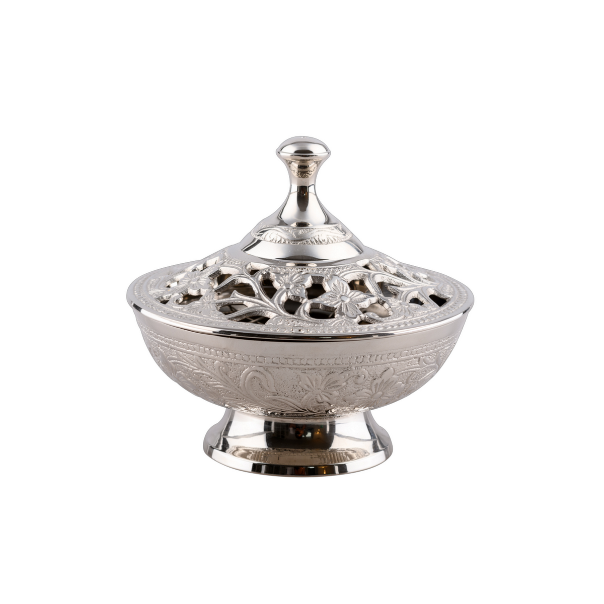 Räucherschale mit Deckel Messing vernickelt 12 cm, mit 
