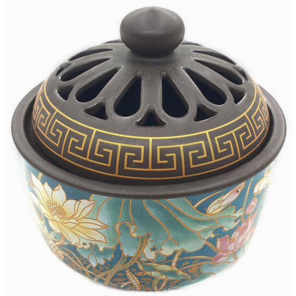 Luxus Keramik Räuchergefäß - Gold / Grün mit Lotus