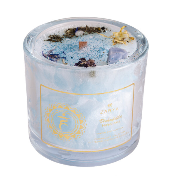 Chakra Kerze Halschakra, Duft: Minze und Mandeln